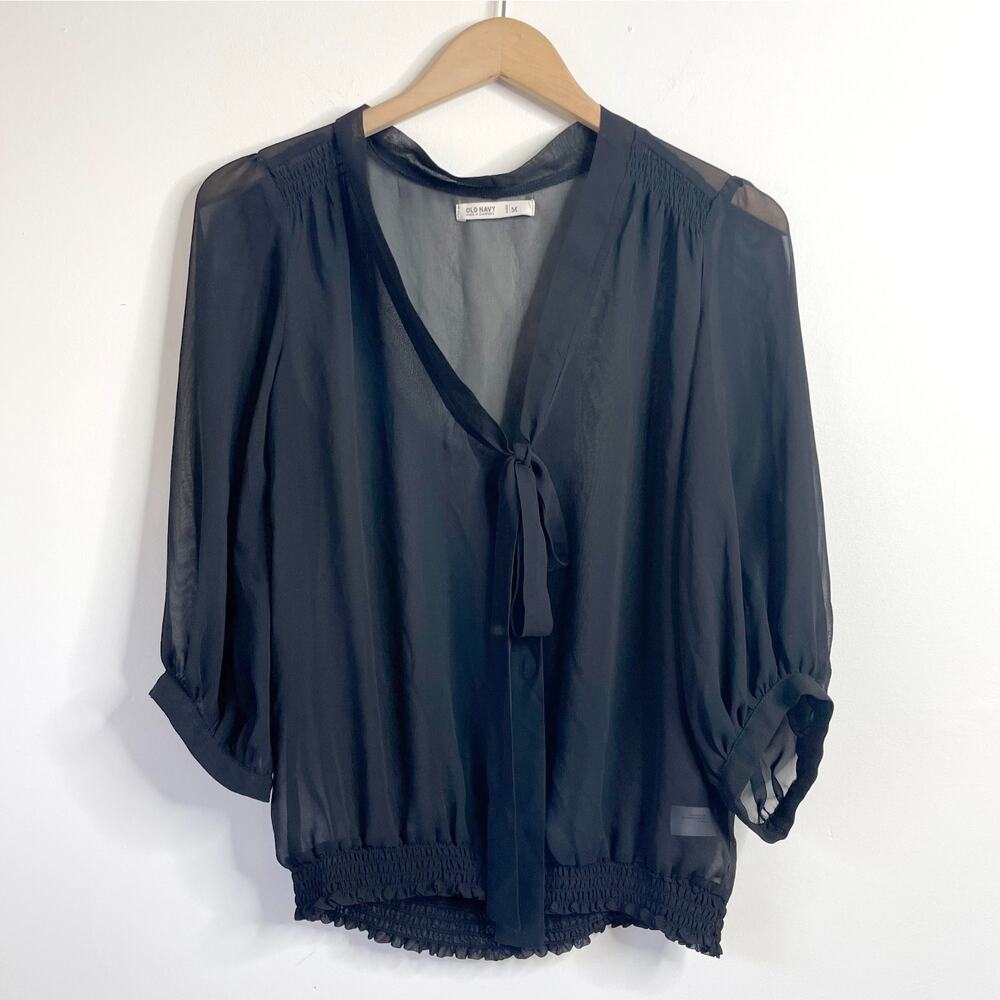 Sheer Black Bow Tie Blouse Top Medium‎ Minimalist Romantic Capsule Parisian